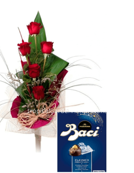 Rose gambo lungo con scatola cioccolatini e confezione eco- naturale