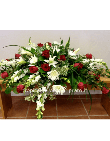 Cuscino  funebre con fiori bianchi e rossi