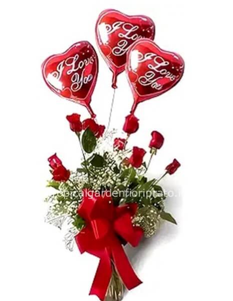 Rose rosse a gambo lungo e palloncini