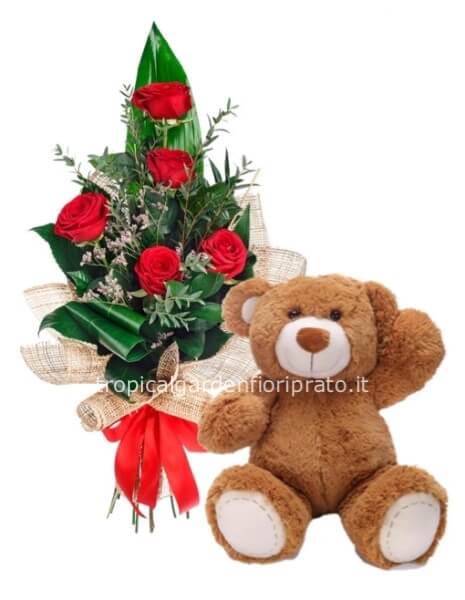 Rose rosse  a gambo lungo, con peluche d'amore 20 cm