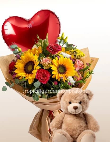 Bouquet combinato con peluche 30 cm e palloncino a cuore