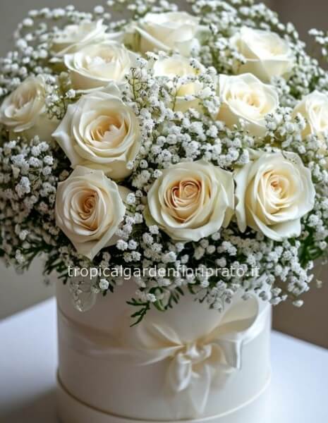 Flower box cappelliera rose bianche e gypsophila